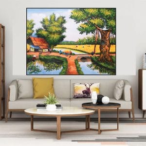 Tranh làng quê mùa gặt lúa CV01A175