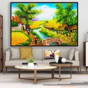 Tranh làng quê mùa gặt lúa CV01A176