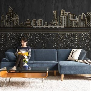 Tranh dán tường trừu tượng thành phố ánh vàng TDT650