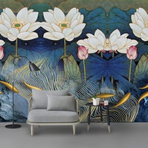 Tranh dán tường 3D hoa sen và cá chép vàng nghệ thuật TDT732