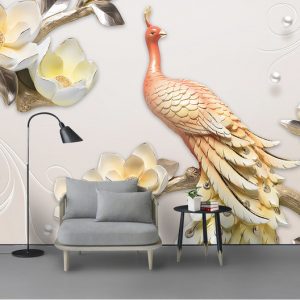 Tranh dán tường 3D chim công và hoa sen TDT728