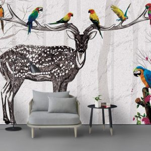 Tranh dán tường chú hươu và đàn vẹt TDT715