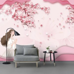Tranh dán tường 3D cô gái và hoa anh đào TDT780