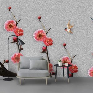 Tranh dán tường 3D hoa đào và chim sẻ TDT770
