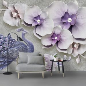 Tranh dán tường 3D hoa lan tím và chim công TDT769