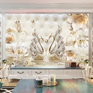 Tranh dán tường 3D đôi thiên nga ánh vàng TDT759