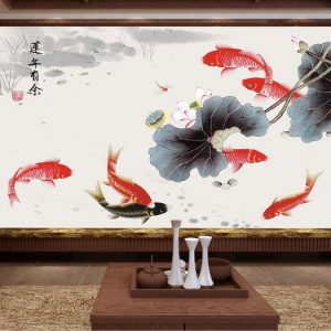 Tranh dán tường hoa sen và cá chép đỏ TDT745