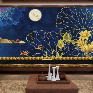 Tranh dán tường 3D trừu tượng ánh trăng và hoa sen vàng TDT746