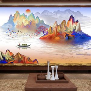 Tranh dán tường trừu tượng thiên nhiên sông núi màu sắc TDT762