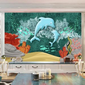 Tranh dán tường 3D mẹ con cá heo xanh TDT757