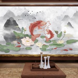 Tranh dán tường cá chép và hoa sen TDT754