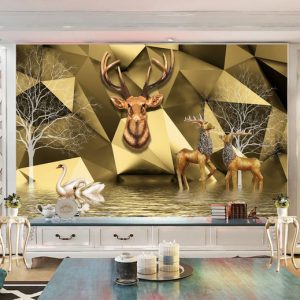 Tranh dán tường 3D hươu nâu ánh vàng TDT758