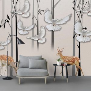 Tranh dán tường 3D hươu và chim bồ câu trắng TDT751