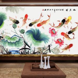 Tranh dán tường cá chép và hoa sen nghệ thuật TDT937