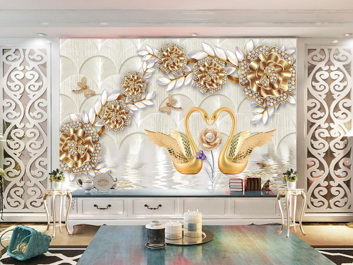 Tranh dán tường 3D đôi thiên nga vàng TDT922 1