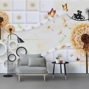 Tranh dán tường 3D hoa bồ công anh và bướm vàng TDT886