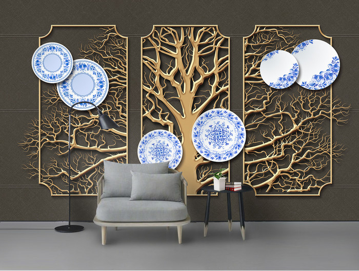 Tranh dán tường 3D cây vàng TDT884 1 19y888piCkYC