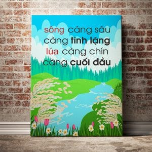 Tranh văn phòng sông càng sâu càng tĩnh lặng lúa vàng chính vàng cúi đầu