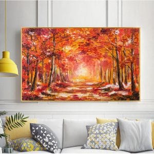 Tranh sơn dầu rừng cây lá phong đỏ lá CV01A482