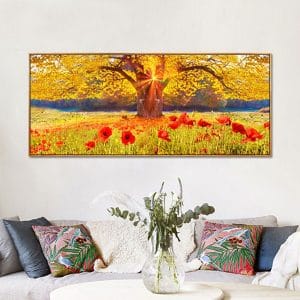 Bức tranh sơn dầu cây cổ thụ và cánh đồng hoa CV01A494