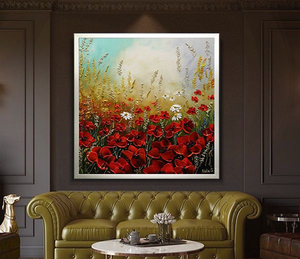 tranh cánh đồng hoa đỏ treo tường phòng khách cho người mệnh hỏa mã 12