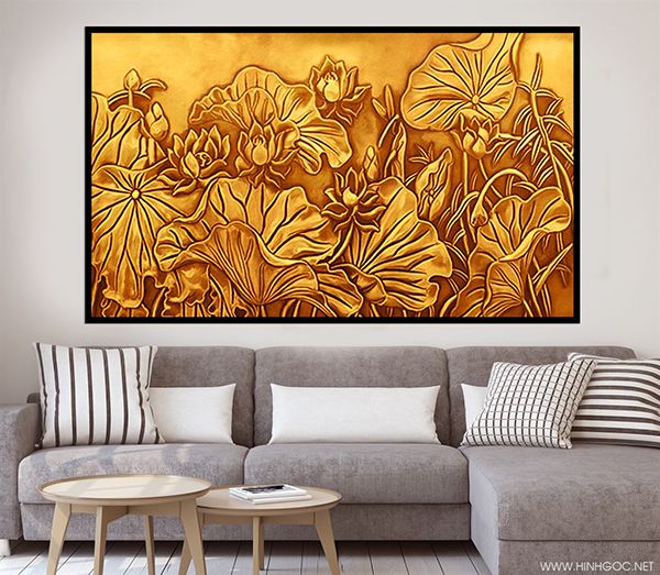 tranh hoa sen vàng 3D treo tường phòng khách cho người mệnh hỏa mã 11