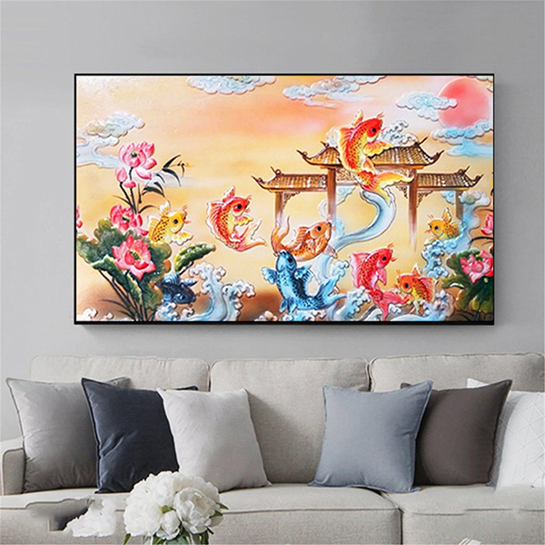Tranh cá chép vượt vũ môn hóa rồng và hoa sen phong thủy TL002