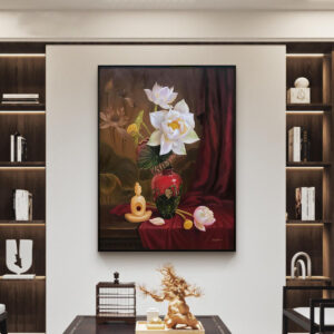 Tranh hoa sen sơn dầu trên vải PTR0157