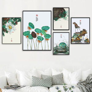 Bộ 5 tranh hoa sen xanh phong cách indochine PTR0503