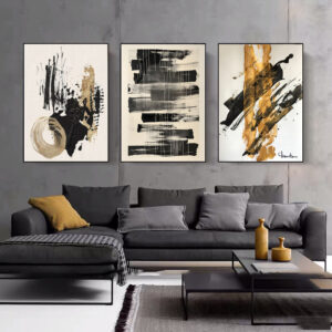 Bộ 3 tranh trừu tượng vàng đen PTR03010