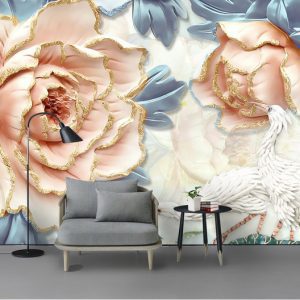 Tranh dán tường 3D hoa mẫu đơn và chim hạc trắng TDT868