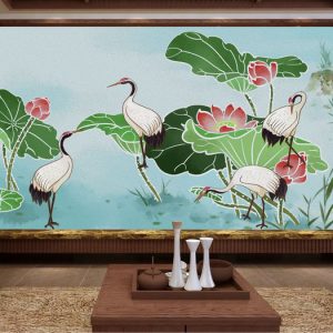 Tranh dán tường chim hạc trắng và hoa sen TDT865