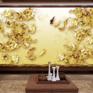 Tranh dán tường 3D hoa hồng và đàn cá vàng TDT853