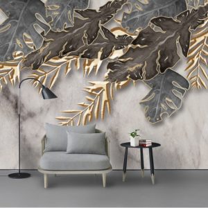 Tranh dán tường 3D lá cây ánh vàng TDT850