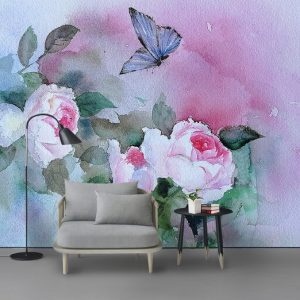 Tranh dán tường hoa hồng và bướm xanh TDT858