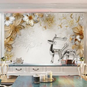 Tranh dán tường 3D trừu tượng hươu và hoa TDT852