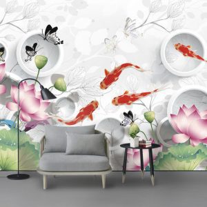 Tranh dán tường 3D hoa sen và cá chép TDT842