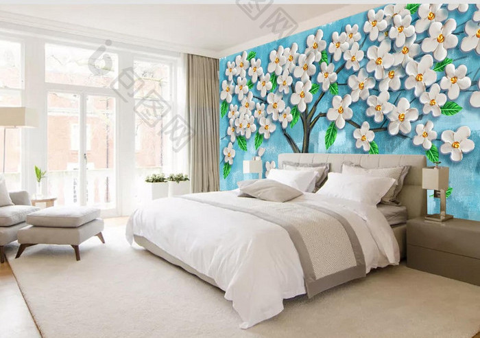 Tranh dán tường 3D cây hoa trắng TDT958 1 23e888piC5jc