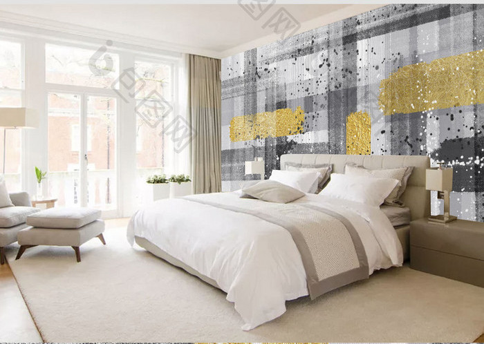 Tranh dán tường trừu tượng kẻ vàng đen trắng TDT951 1 25q888piCNeZ