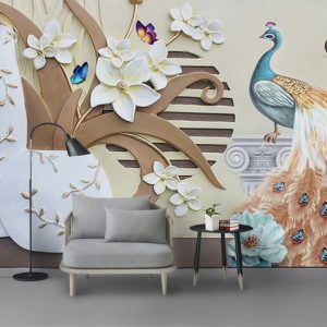 Tranh dán tường 3D hoa và chim công TDTA057