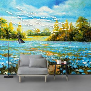 Tranh dán tường vẽ sơn dầu thiên nhiên sông nước TDTA042