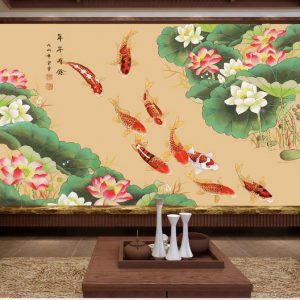 Tranh dán tường 3D hoa sen và cá chép TDTA039