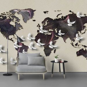 Tranh dán tường 3D chim bồ câu và bản đồ thế giới TDTA30