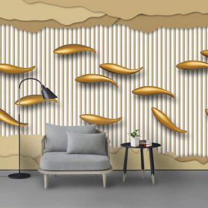 Tranh dán tường 3D trừu tượng đàn cá vàng TDTA023