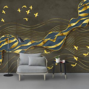Tranh dán tường 3D trừu tượng đàn chim vàng TDTA021