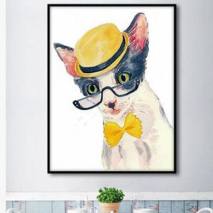 Tranh đơn vẽ mèo đội mũ vàng CV01209