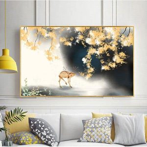 Tranh đơn trừu tượng hươu và cây lá vàng CV01242