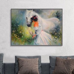 Tranh đơn ngựa trắng và cô gái CV01446