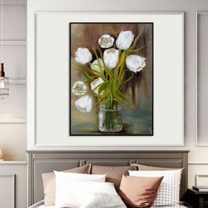Tranh đơn vẽ sơn dầu bình hoa tulip trắng CV01507