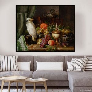 Tranh đơn cổ điển chim vẹt trắng và lẵng quả CV01509